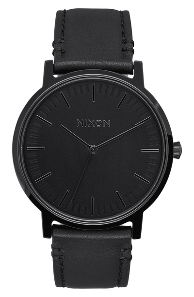 Shop Nixon Porter Round Leather Strap Watch, 40mm In Black