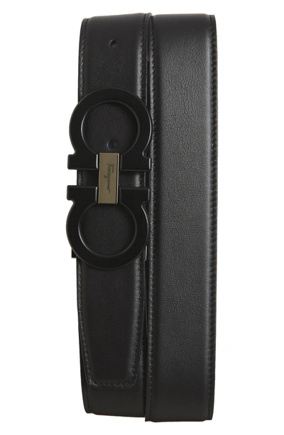 Shop Ferragamo Double Gancini Reversible Leather Belt In Black/ Blue Marine