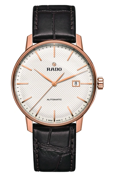 Shop Rado Coupole Classic Automatic Embossed Leather Strap Watch, 41mm In Brown/ White/ Rose Gold