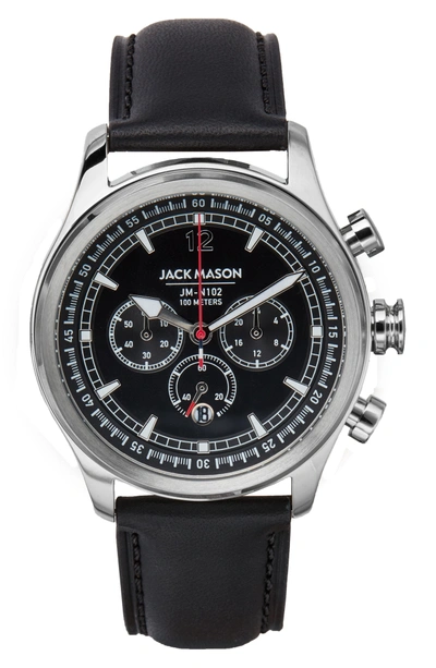 Shop Jack Mason Nautical Chronograph Leather Strap Watch, 42mm In Black/ Black