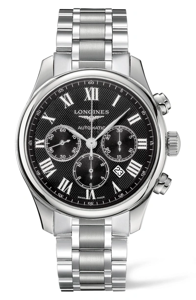 Shop Longines Master Automatic Chronograph Bracelet Watch, 44mm In Silver/ Black/ Silver