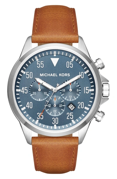 Shop Michael Michael Kors 'gage' Chronograph Leather Strap Watch, 45mm In Brown/ Blue/ Silver