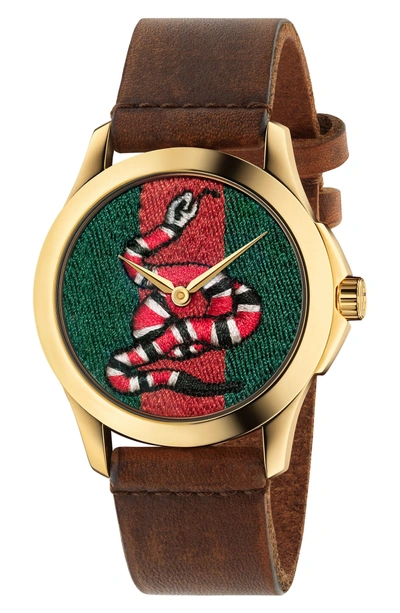 Shop Gucci Snake Insignia Leather Strap Watch, 38mm In Brown