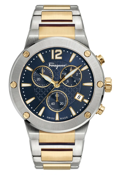 Shop Ferragamo F-80 Chronograph Bracelet Watch, 44mm In Gold/ Blue/ Silver
