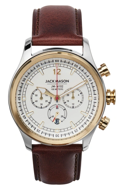 Shop Jack Mason Nautical Chronograph Leather Strap Watch, 42mm In White/ Brown