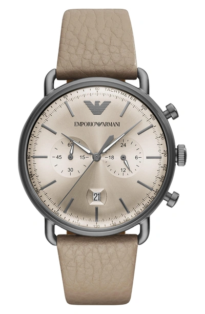 Shop Emporio Armani Leather Strap Chronograph Watch, 43mm In Silver/ Taupe