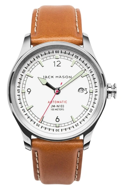 Shop Jack Mason Nautical Automatic Leather Strap Watch, 42mm In White/ Tan