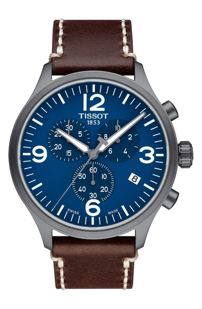 Shop Tissot Chrono Xl Leather Strap Chronograph Watch, 45mm In Brown/ Blue/ Black