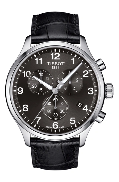 Shop Tissot T-sport Chronograph Leather Strap Watch, 45mm In Black/ Silver