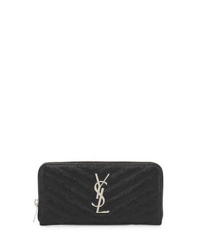 Shop Saint Laurent Ysl Monogram Large Zip Wallet In Grained Leather In Black