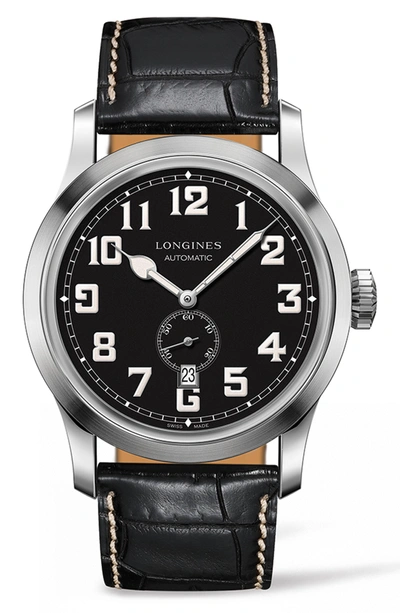 Shop Longines Heritage Automatic Military Leather Strap Watch, 44mm In Black/ Silver