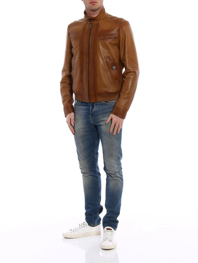 Shop Prada Zip-up Leather Jacket In Acero
