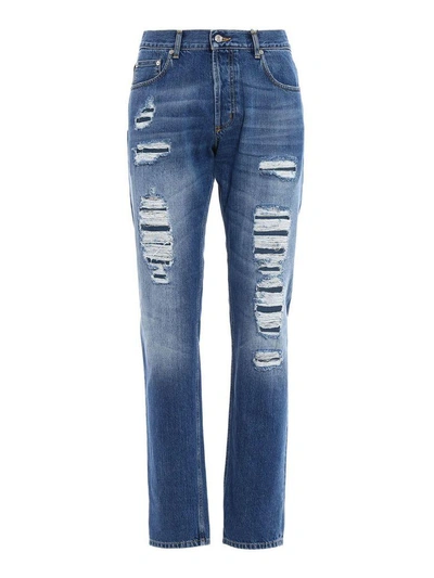 Shop Alexander Mcqueen Straight-leg Distressed Jeans In Blue Washed