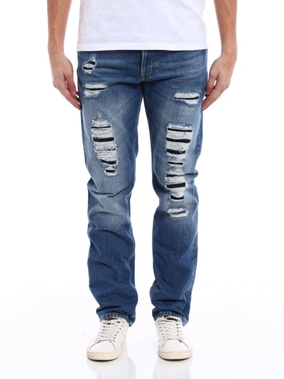 Shop Alexander Mcqueen Straight-leg Distressed Jeans In Blue Washed