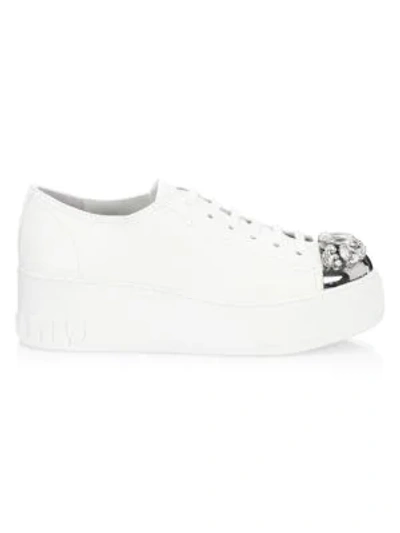 Shop Miu Miu Jewelled Cap-toe Leather Platform Trainers In Bianco