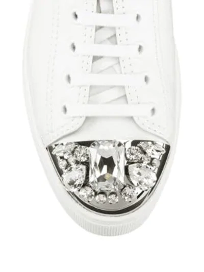 Shop Miu Miu Jewelled Cap-toe Leather Platform Trainers In Bianco