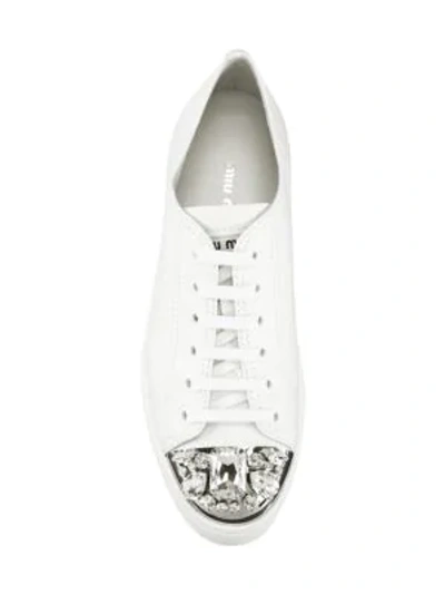 Shop Miu Miu Jewelled Cap-toe Leather Platform Sneakers In Bianco