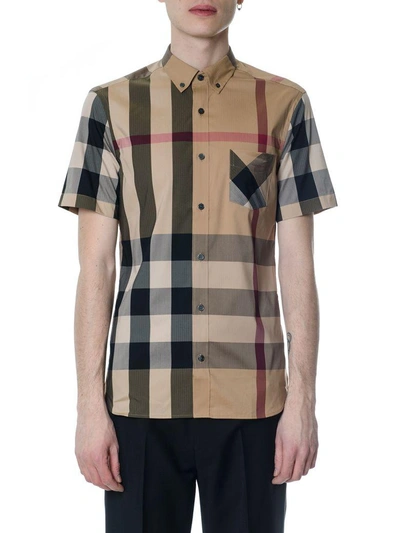 Shop Burberry Camel Cotton Shirt With Check Print