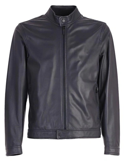 Shop Z Zegna Leather Jacket In Navy