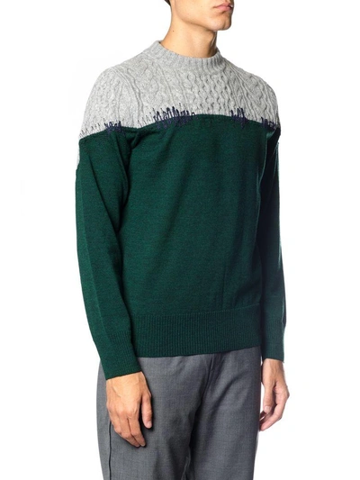 Shop Sacai Cable Knit Panel Wool Jumper In Green-grey