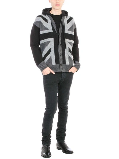 Shop Pierre Balmain Flag Cardigan In Black And Grey Wool