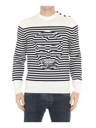 Shop Alexander Mcqueen Striped Skull Sweater In Ivory-navy