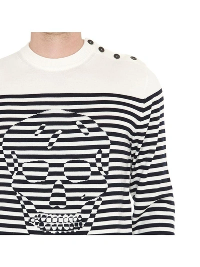 Shop Alexander Mcqueen Striped Skull Sweater In Ivory-navy