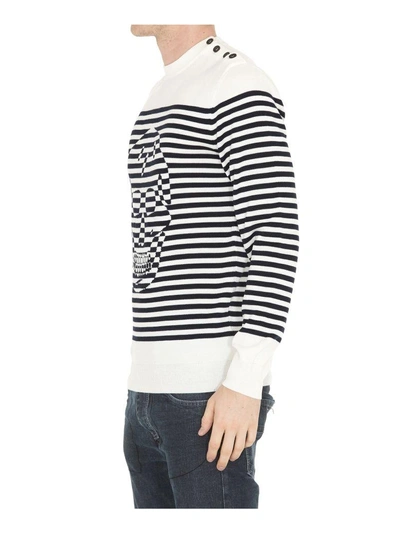 Shop Alexander Mcqueen Striped Skull Sweater In Ivory-navy