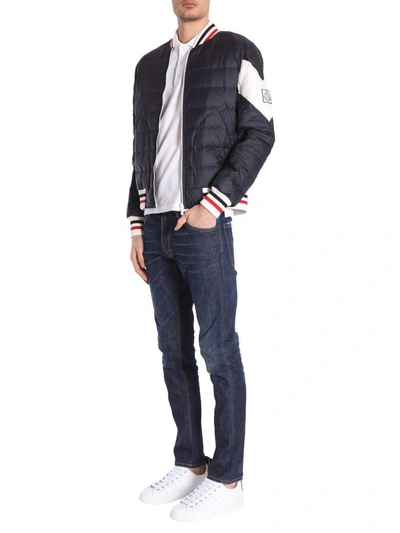 Shop Moncler Nylon Bomber Jacket In Blu