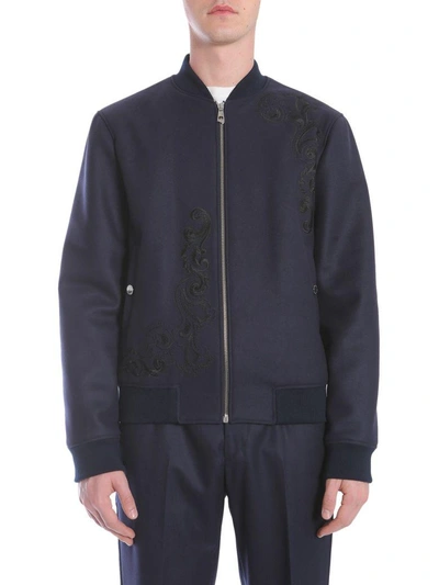 Shop Versace Wool Cloth Bomber Jacket In Blu