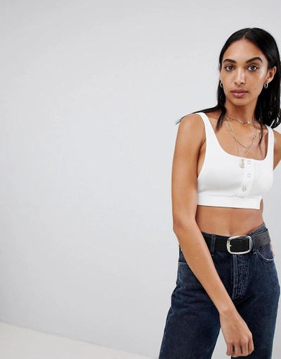 Shop Motel Crop Top In Crinkle Rib With Popper Front - White