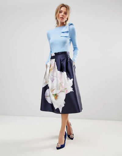 Shop Ted Baker Pelse Paperbag Full Midi Skirt In Gardenia Print - Blue