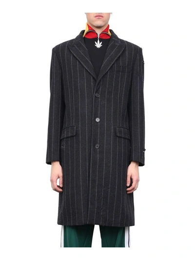 Shop Palm Angels Distressed Pinstriped Wool Coat In Nero