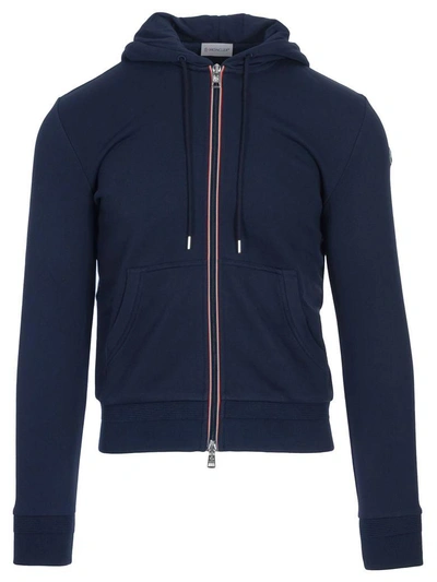 Shop Moncler Cotton Cardigan With Hood In Blu-medio