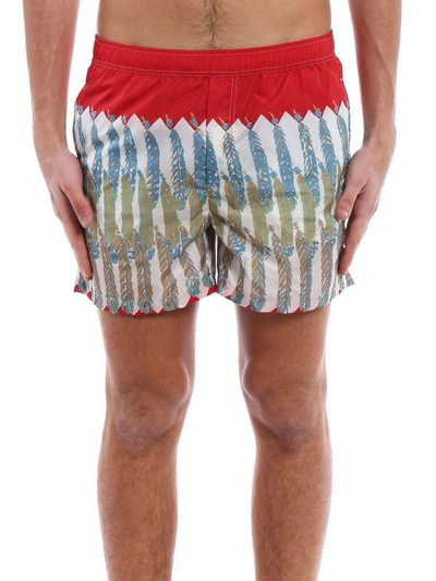 Shop Valentino Feather Print Swim Shorts In Multicolor