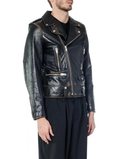 Shop Saint Laurent No Smoking Print Vintage Leather Jacket In Black