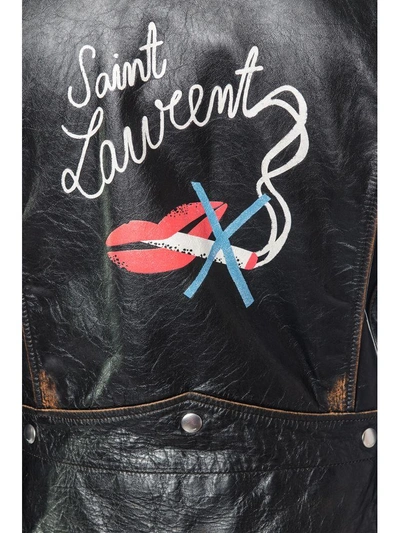 Shop Saint Laurent No Smoking Print Vintage Leather Jacket In Black