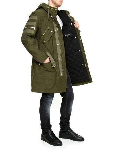 Shop Balmain Hooded Parka In Kaki