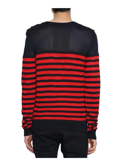 Shop Balmain Striped Cotton Buttoned Sweater In Blu