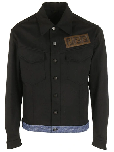 Shop Fendi Logo Patch Denim Jacket In Nero