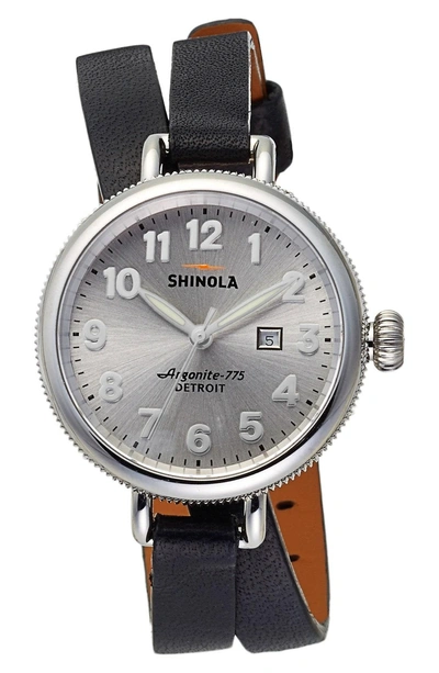 Shop Shinola 'the Birdy' Double Wrap Leather Strap Watch, 34mm In Black/ Silver