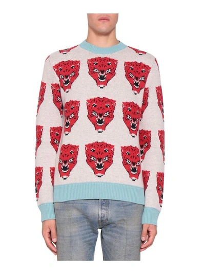 Shop Gucci Tiger Jacquard Wool Sweater In Bianco