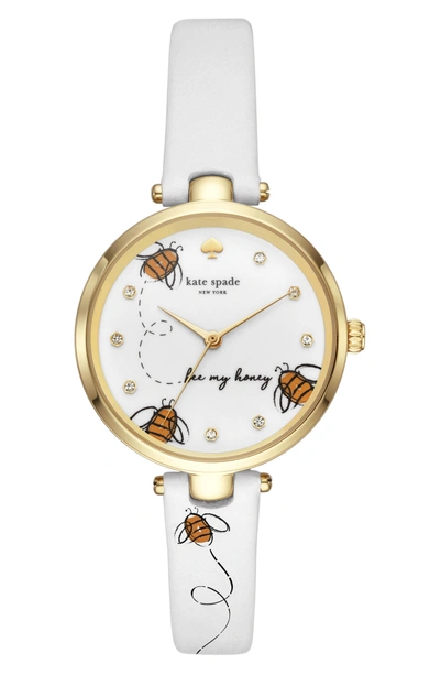 Shop Kate Spade Holland Bee Leather Strap Watch, 34mm In White/ Black/ Gold
