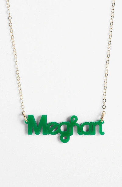 Shop Moon And Lola 'zebra Block Font' Personalized Nameplate Pendant Necklace In Emerald/ Gold
