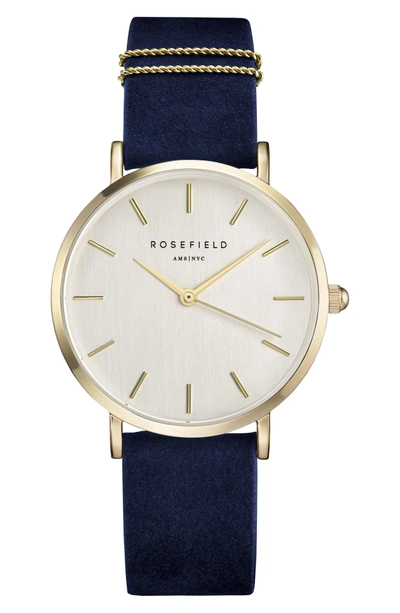 Shop Rosefield West Village Leather Strap Watch, 33mm In Blue/ White/ Gold