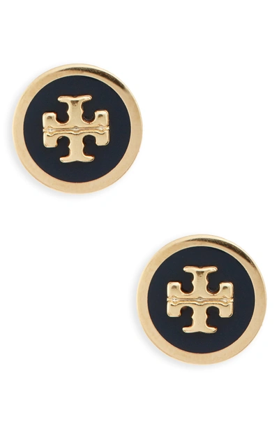 Shop Tory Burch Logo Stud Earrings In Navy
