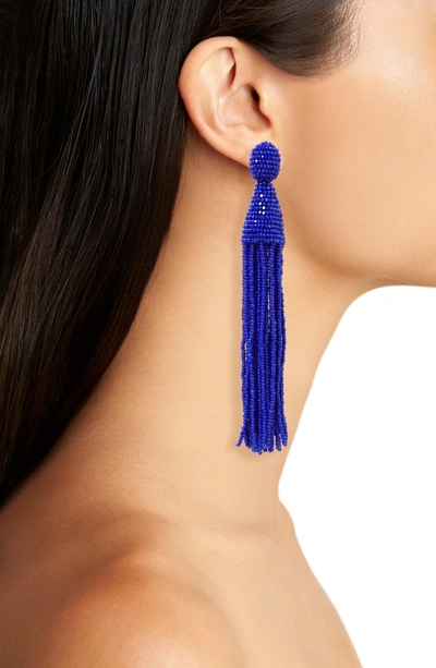 Shop Oscar De La Renta Long Tassel Drop Clip Earrings In Marine