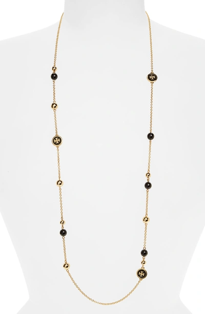 Shop Tory Burch Rosary Station Necklace In Black / Tory Gold