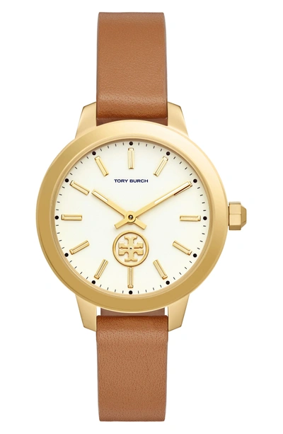 Shop Tory Burch Collins Leather Strap Watch, 38mm In Luggage/ Ivory/ Gold