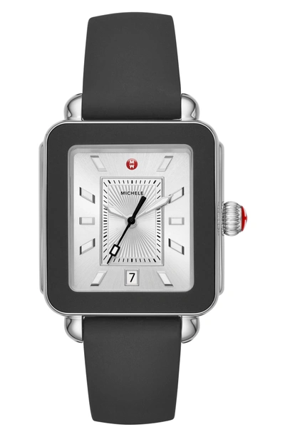 Shop Michele Deco Sport Watch Head & Silicone Strap Watch, 34mm X 36mm In Black/ Silver/ Silver